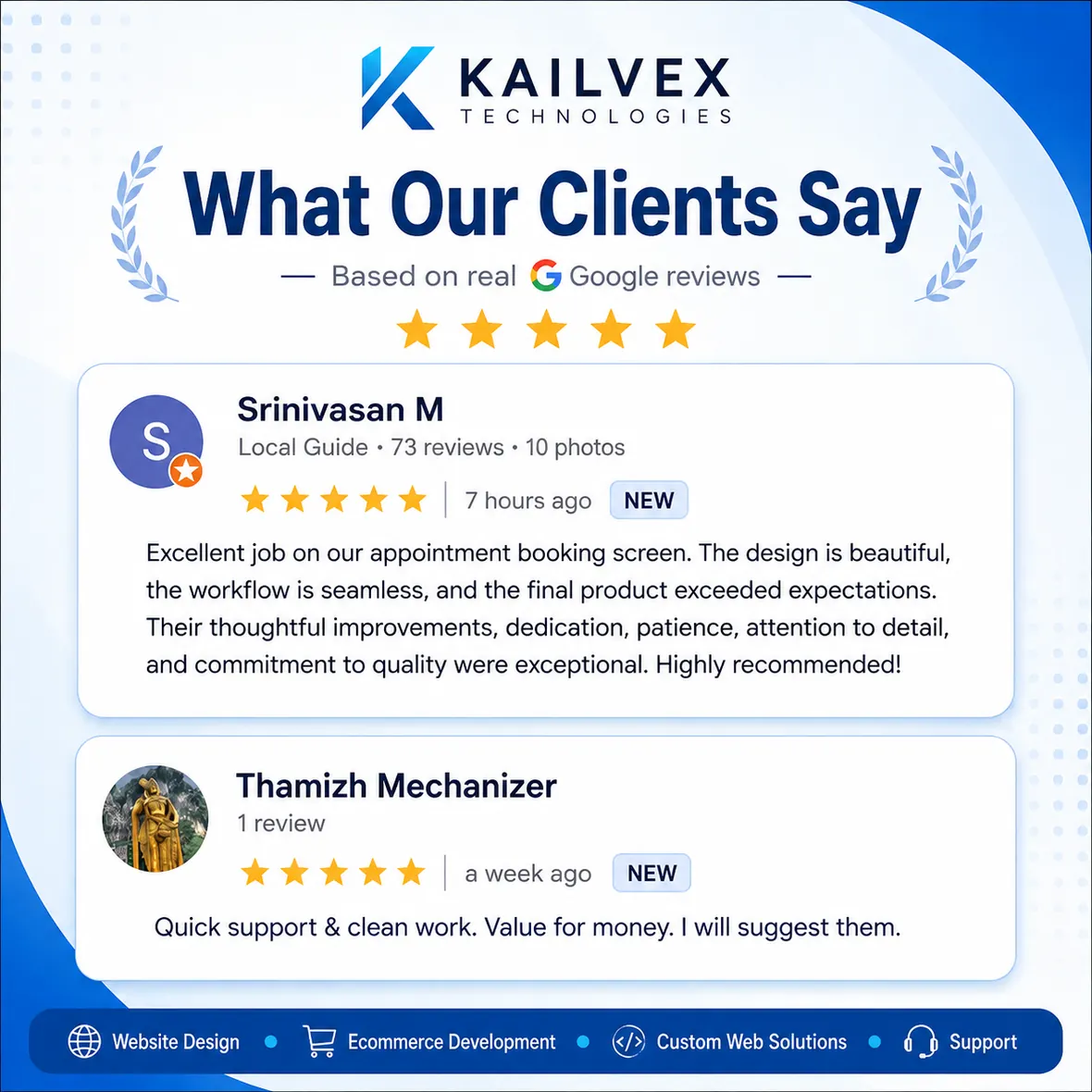 Original visual showing two real five-star Google reviews for Kailvex Technologies